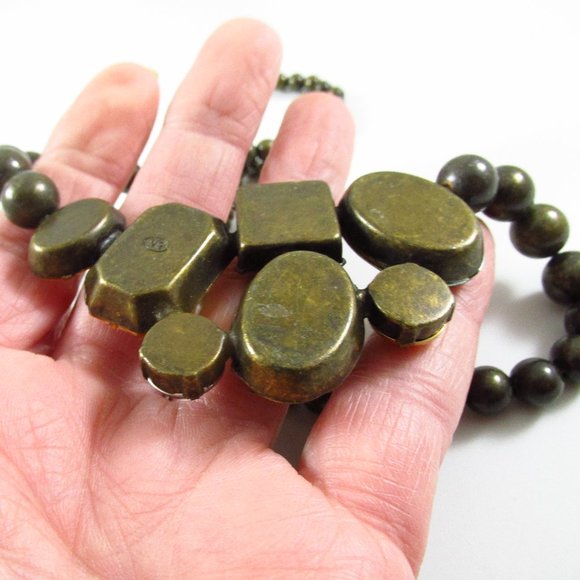 Vintage Signed (NR) Glass Gems Beaded Brass Statement Necklace - Picture 3 of 4